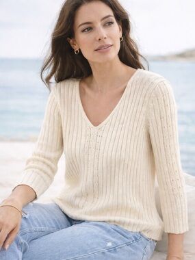 Saint Tropez West Soft Girl Cream Ribbed Cotton V-Neck Sweater Size L Knit
